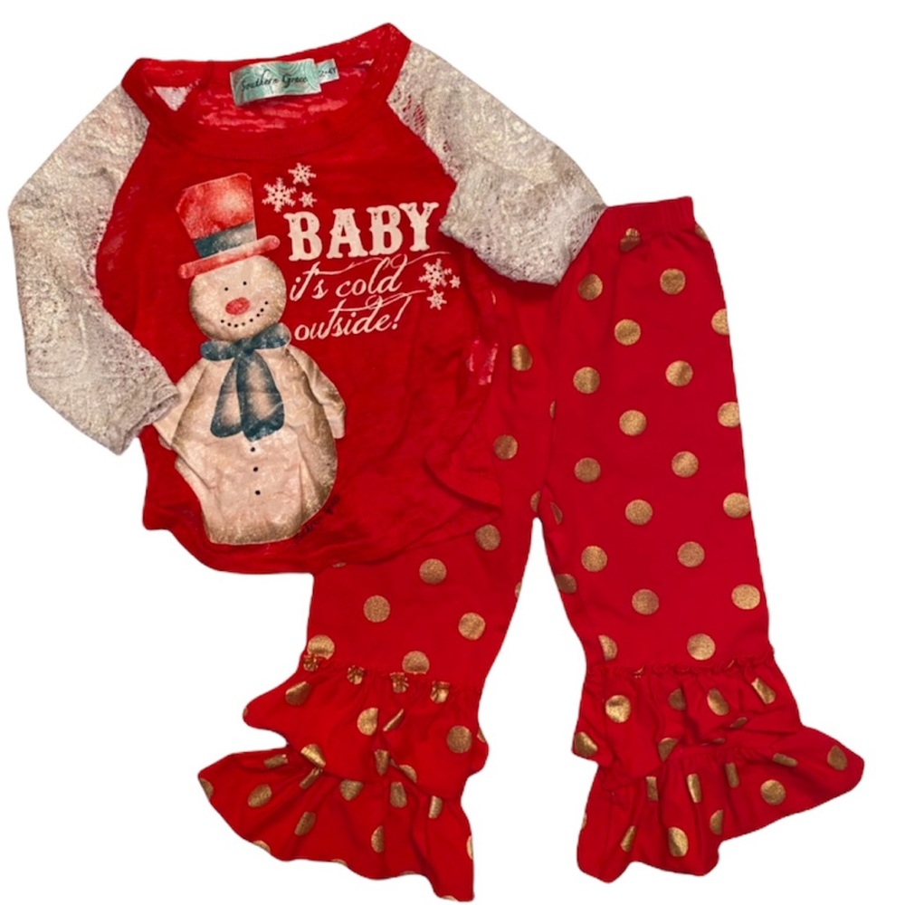 Southern Grace | Girls Lace Top & Matching Ruffle Polka Dotted Gold/Red Pants